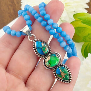 Peacock Dahlia Turquoise Pendant Boho Southwest Vintage Style Handmade New 925